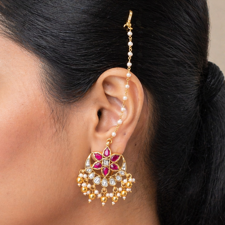 Chand Phool Kundan Earrings Attached Earchain 2 in 1