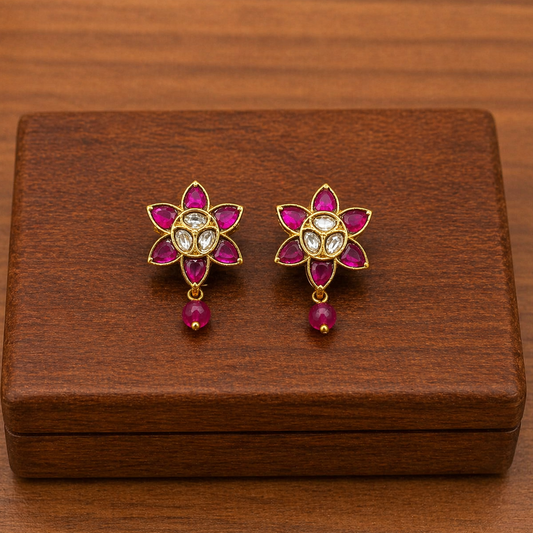 Pink Flower Kundan Earrings