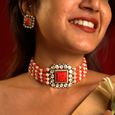 Iraaya Coral Choker & Earrings Set