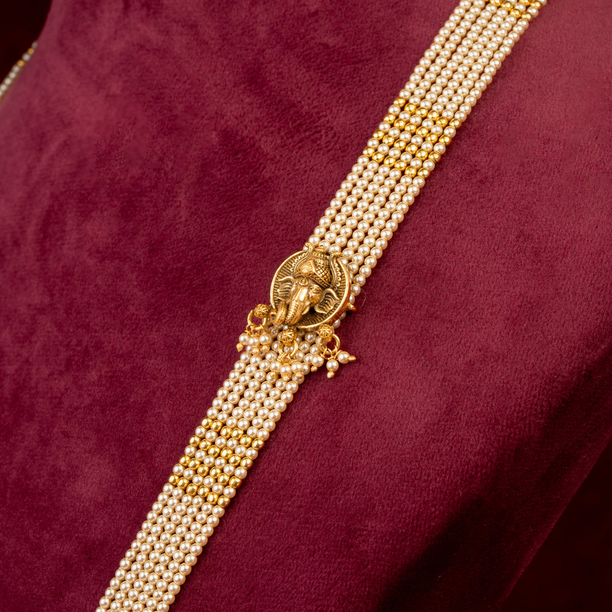 Lord Ganesha Pearl Long Necklace & Earrings Set