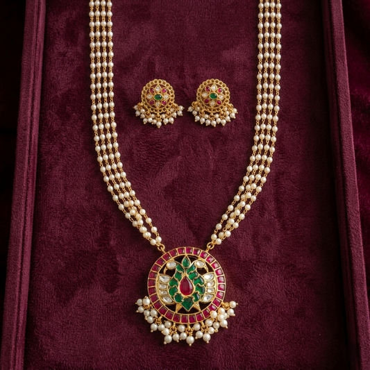 Gandaberunda Kundan Long Necklace & Earrings Set