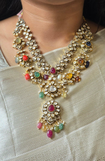 Navratna Moissanite Necklace & Earrings Set