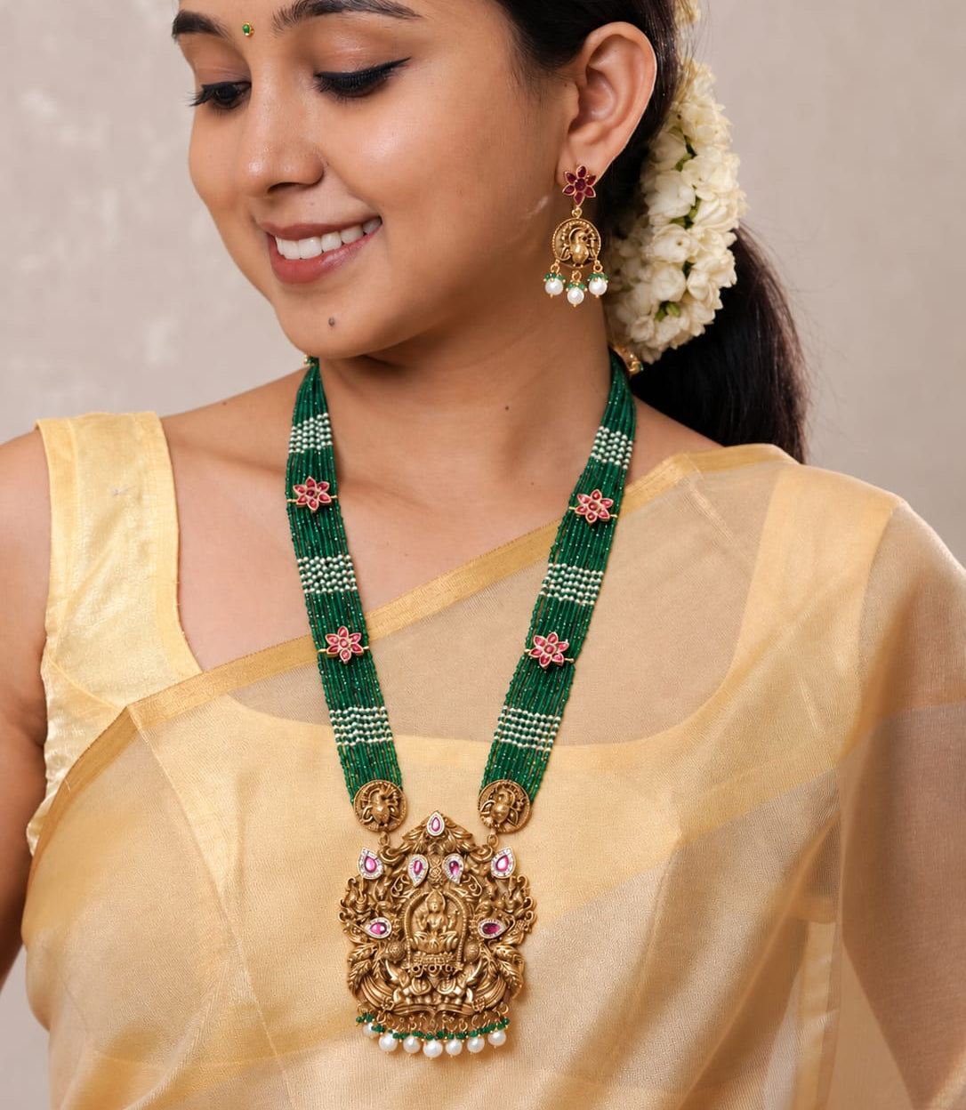 Floral Green Beads Goddess Necklace & Earrings Set