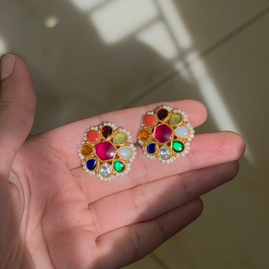 Navratna Flower Pearl Earrings