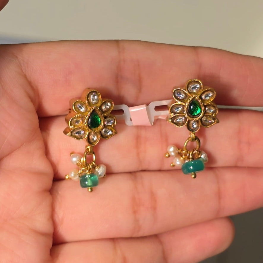 White & Green Kundan Earrings