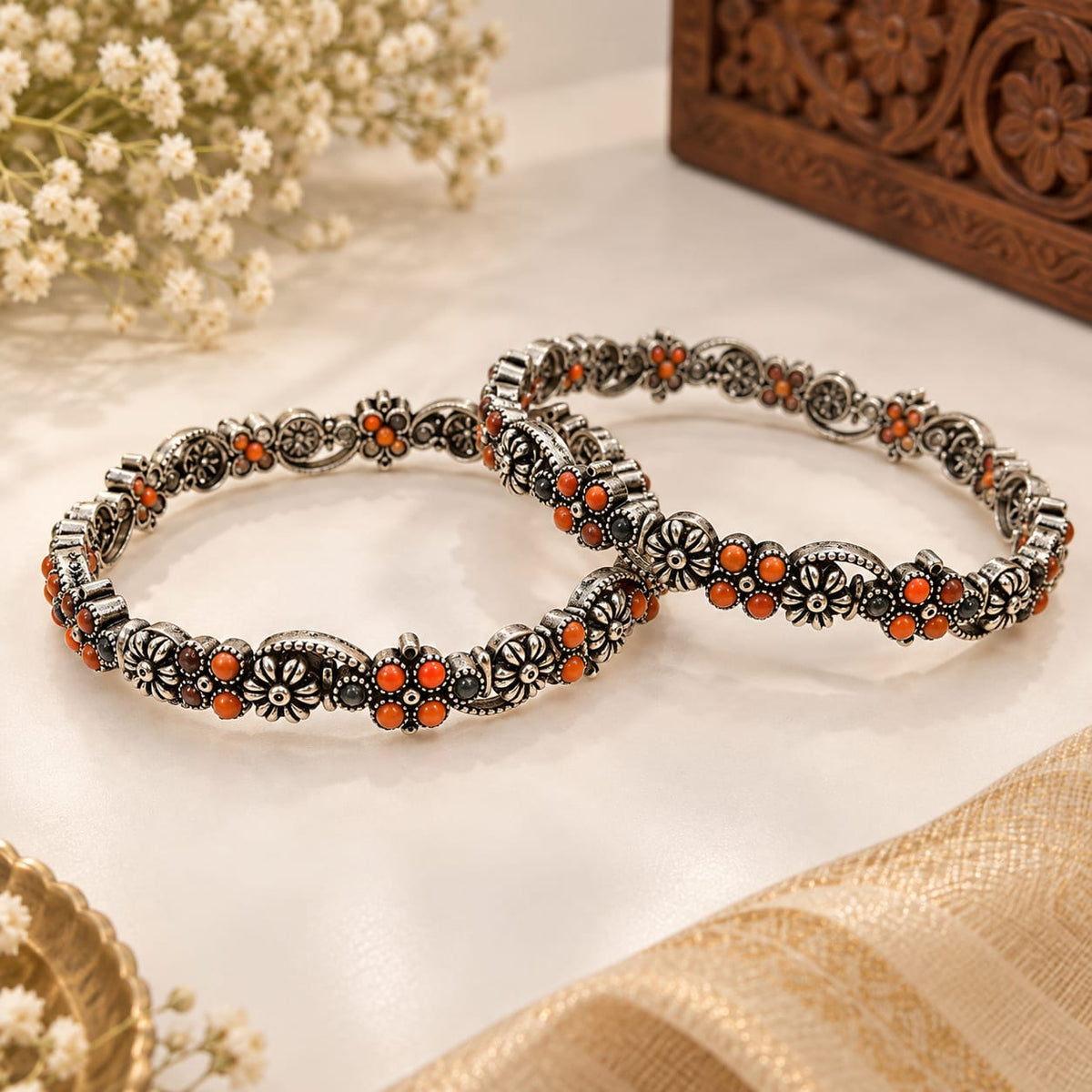 Coral Oxidised Bangles