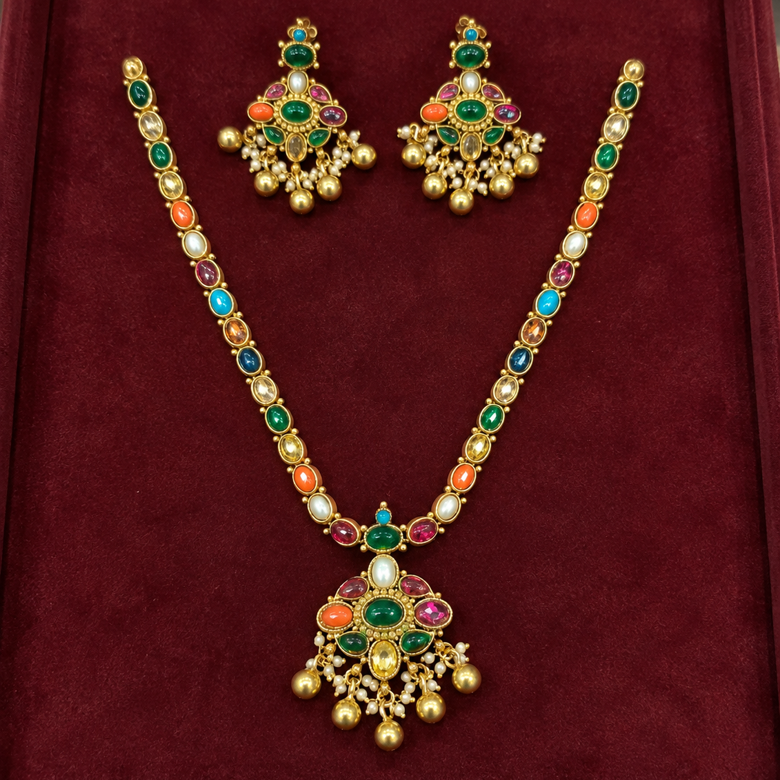 Navratna Multi Color Addigai Necklace & Earrings Set