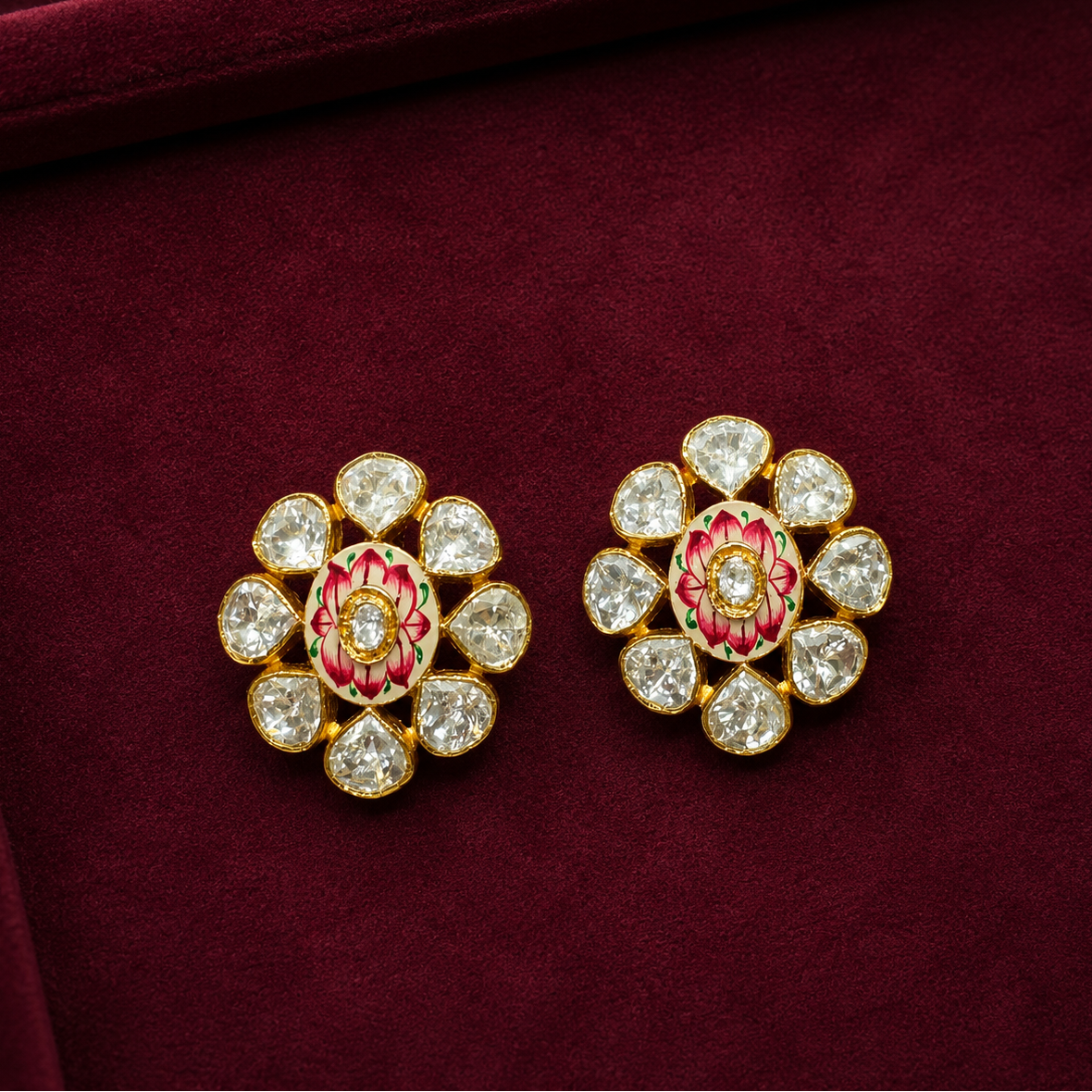 Flower Meenakari Moissanite Earrings