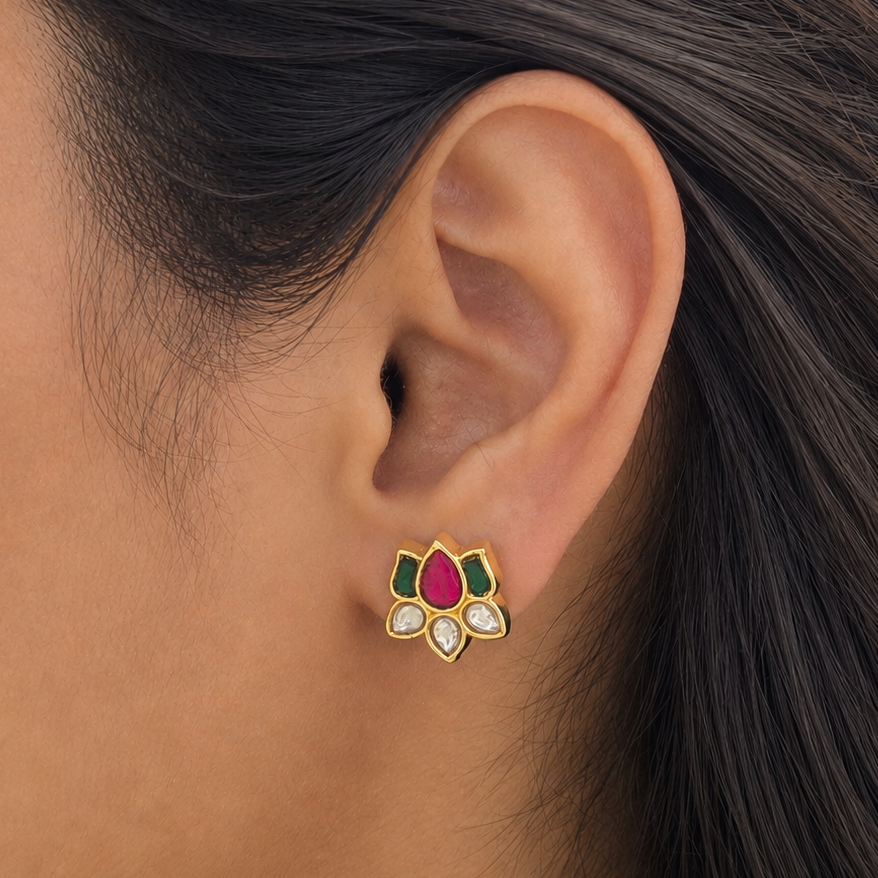 Lotus Kundan Studs ( white red green )