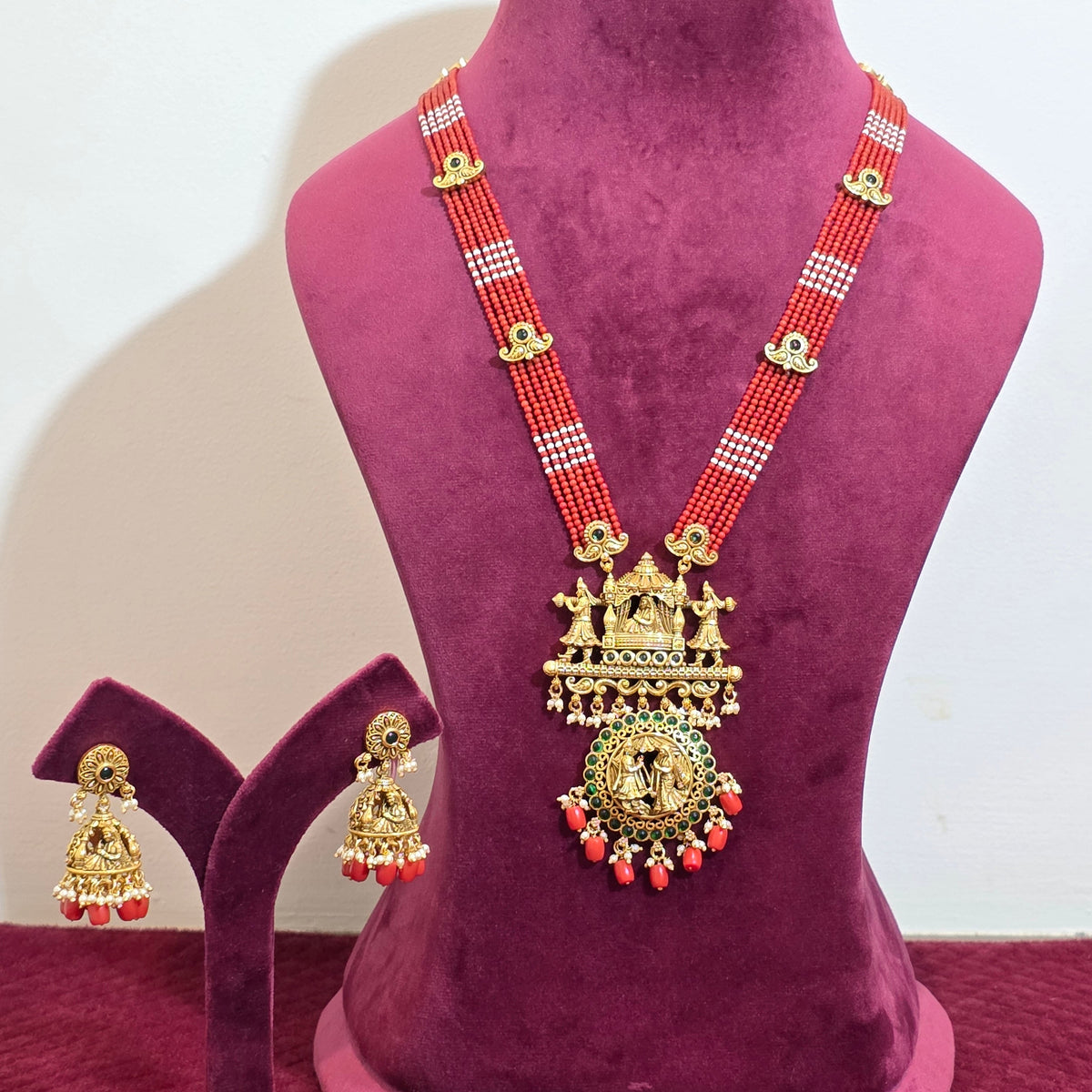 Dolvika Coral Temple Necklace & Earrings Set