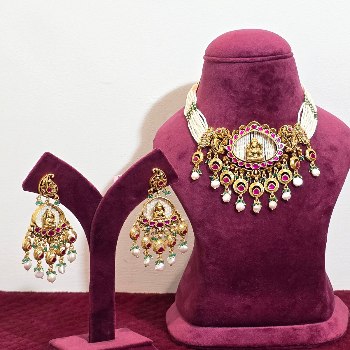 Hrikya Pearl Temple Necklace & Earrings Set