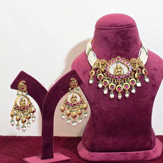 Hrikya Pearl Temple Necklace & Earrings Set