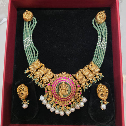 Lord Ganesha Green Beads Necklace set