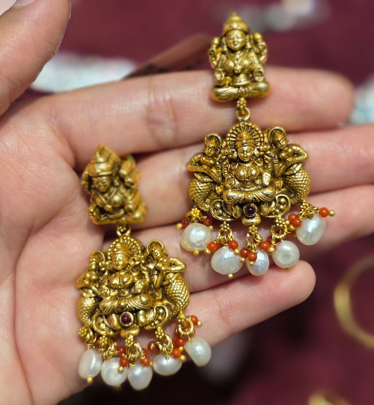Goddess Lakshmi Coral Temple Earrings