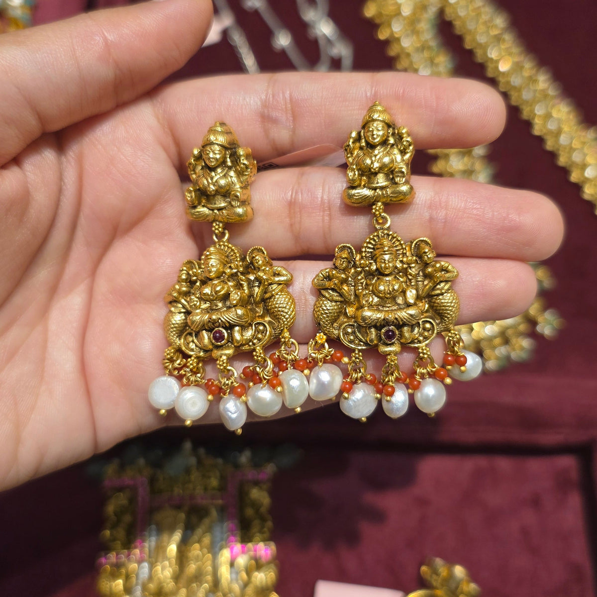 Goddess Lakshmi Coral Temple Earrings