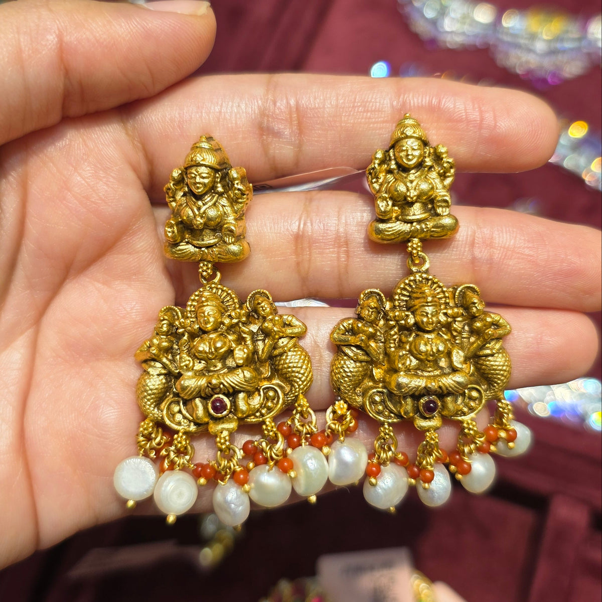 Goddess Lakshmi Coral Temple Earrings