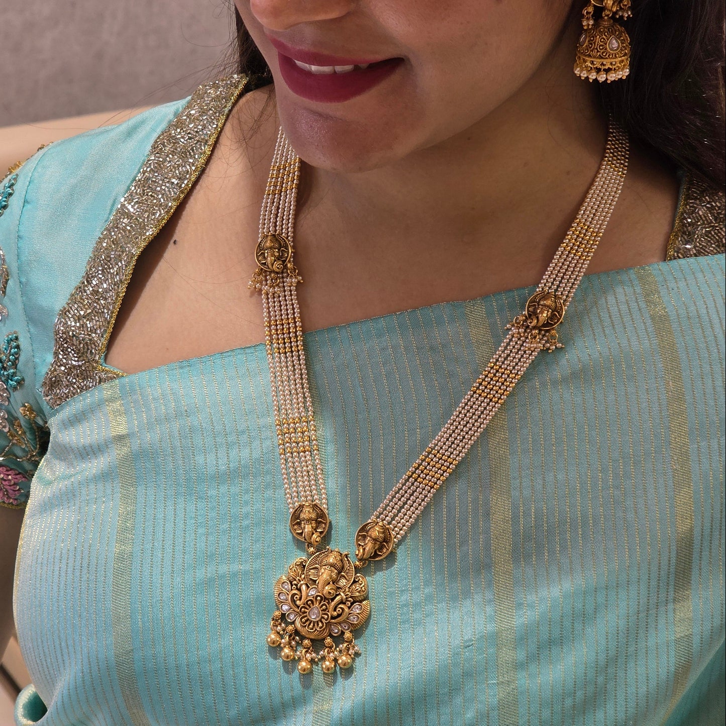 Lord Ganesha Pearl Long Necklace & Earrings Set
