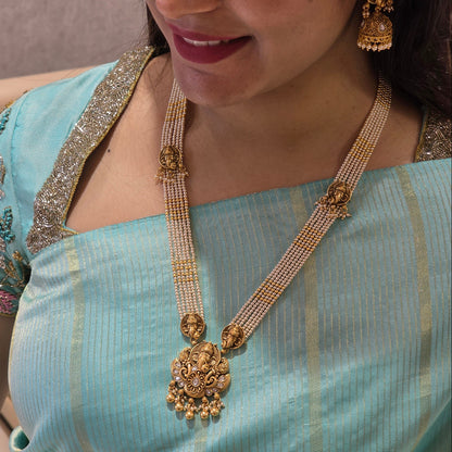 Lord Ganesha Pearl Long Necklace & Earrings Set