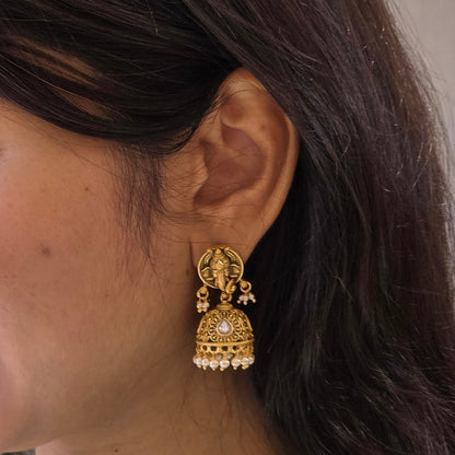 Lord Ganesha Pearl Long Necklace & Earrings Set