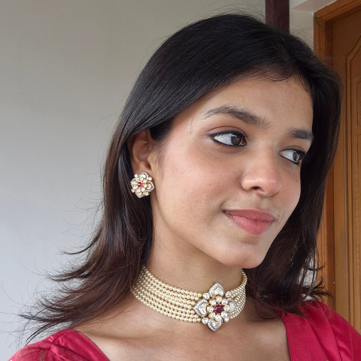 Floral Pink Pearl Choker & Earrings Set