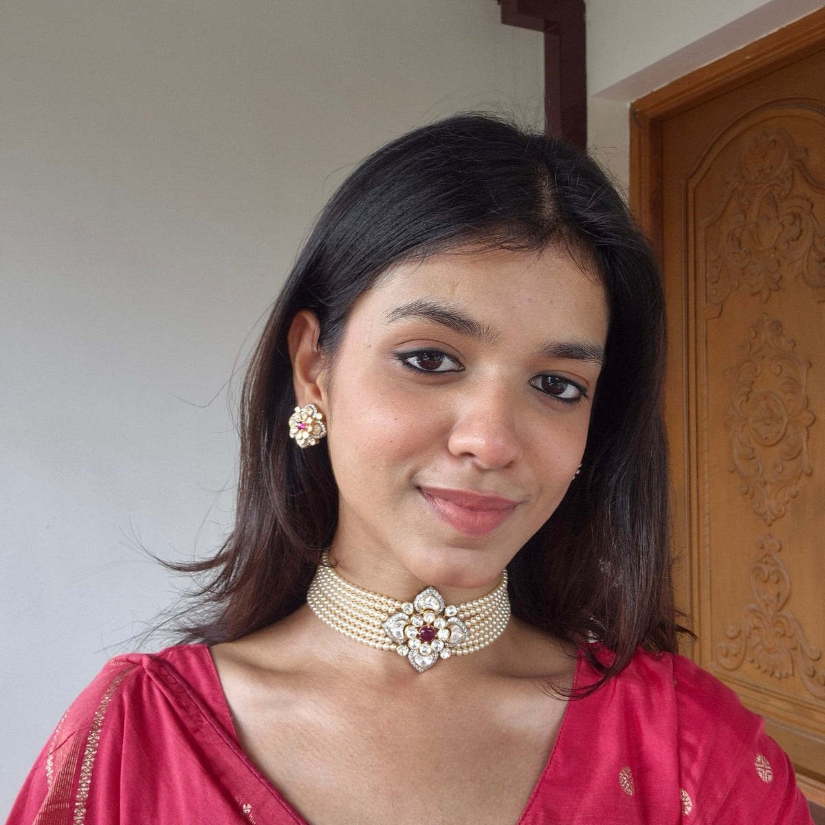 Floral Pink Pearl Choker & Earrings Set