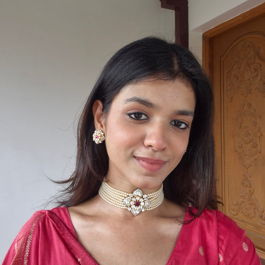 Floral Pink Pearl Choker & Earrings Set