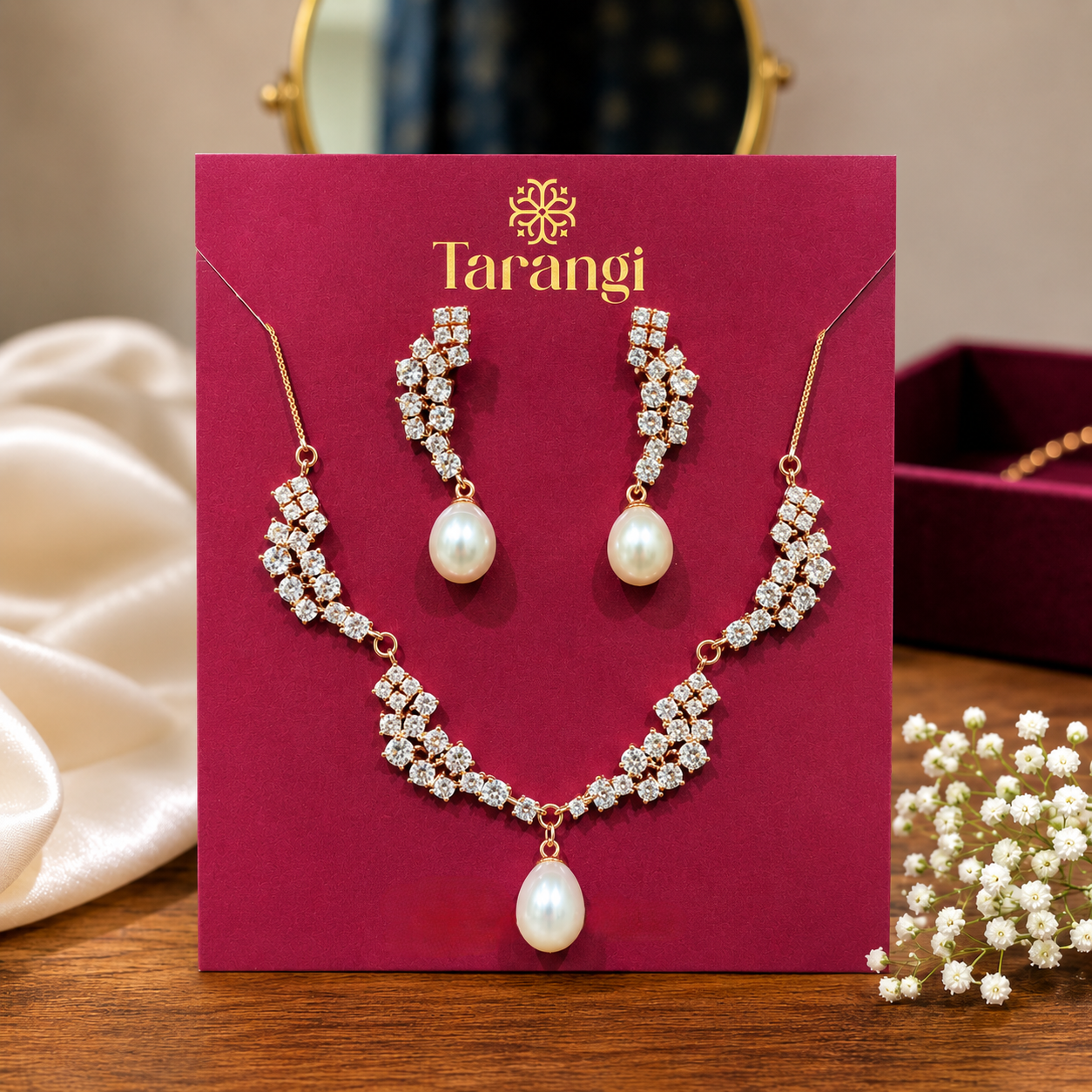 Crystal Pearl Chain & Earrings Set