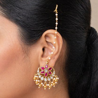 Chand Phool Kundan Earrings Attached Earchain 2 in 1