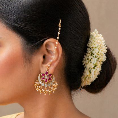 Chand Phool Kundan Earrings Attached Earchain 2 in 1