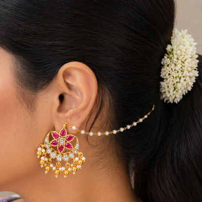 Chand Phool Kundan Earrings Attached Earchain 2 in 1