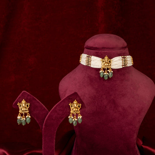 Avigna Lord Ganesha Pearl Choker & Earrings Set