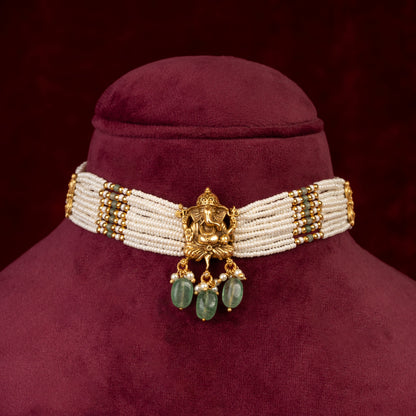 Avigna Lord Ganesha Pearl Choker & Earrings Set