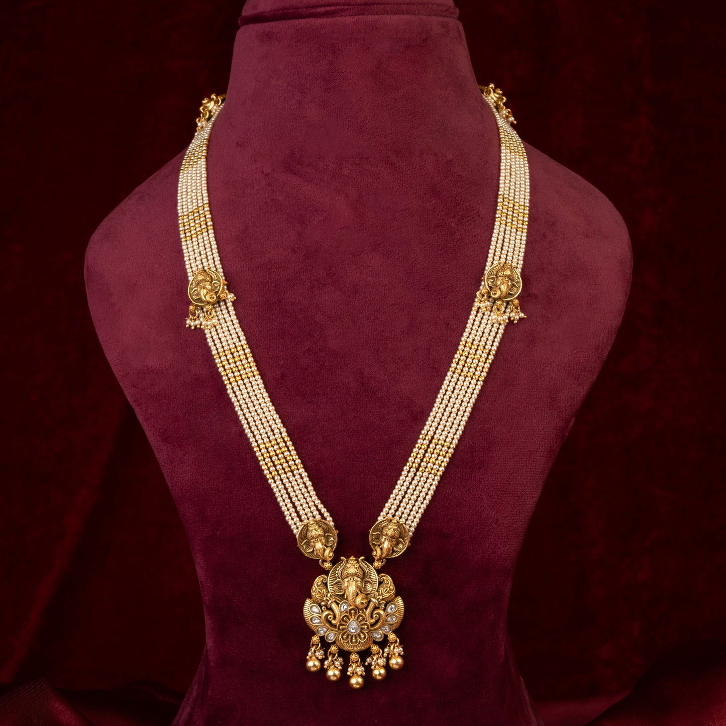 Lord Ganesha Pearl Long Necklace & Earrings Set