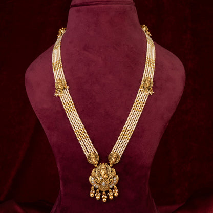 Lord Ganesha Pearl Long Necklace & Earrings Set