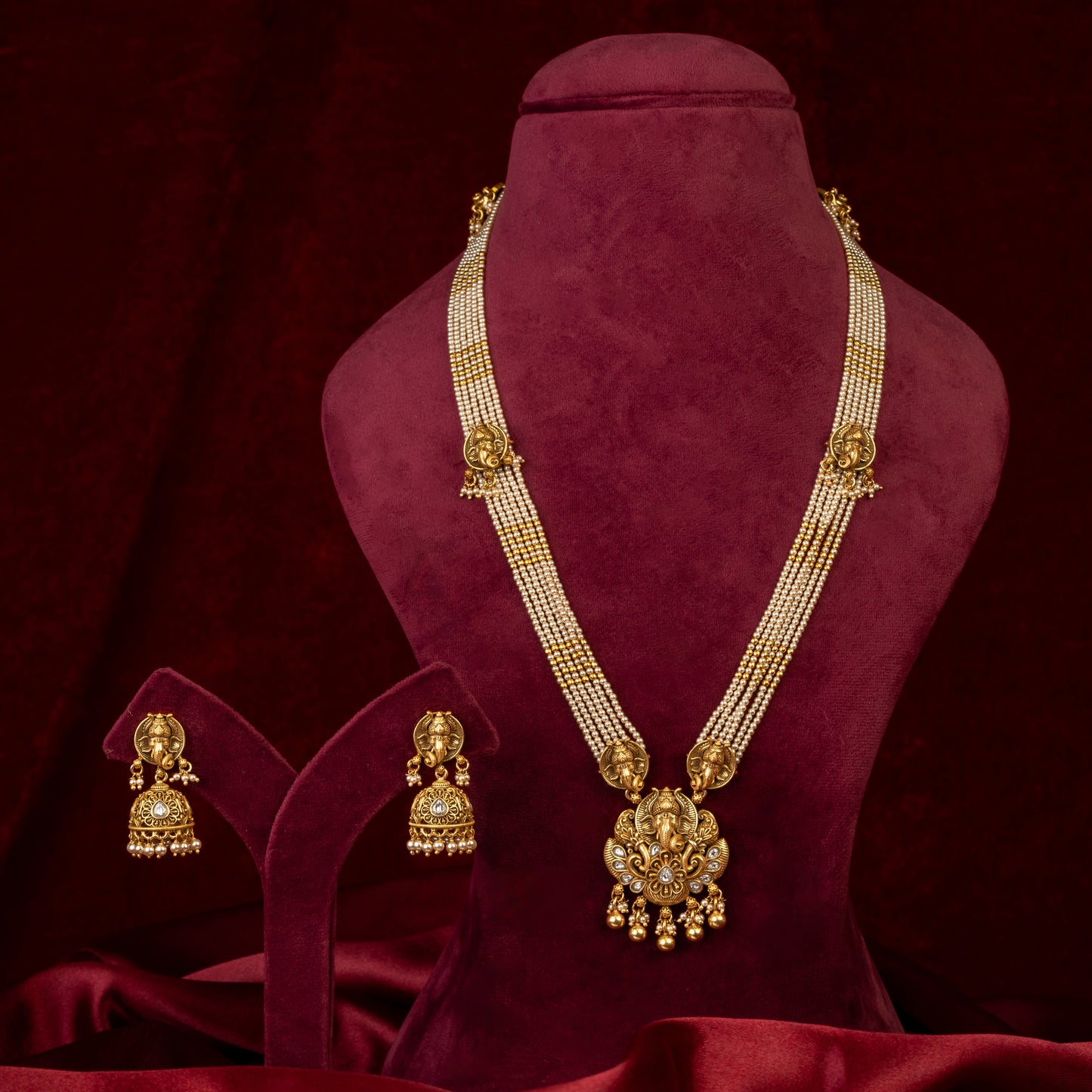 Lord Ganesha Pearl Long Necklace & Earrings Set