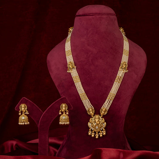 Lord Ganesha Pearl Long Necklace & Earrings Set