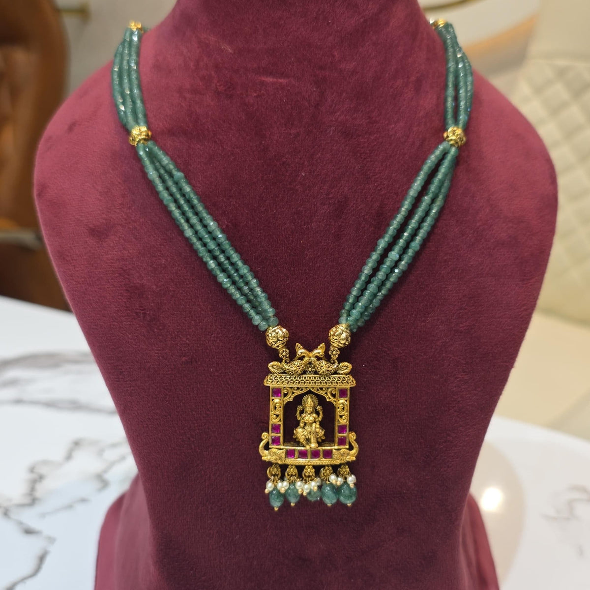 Goddess Lakshmi Green Beads Necklace