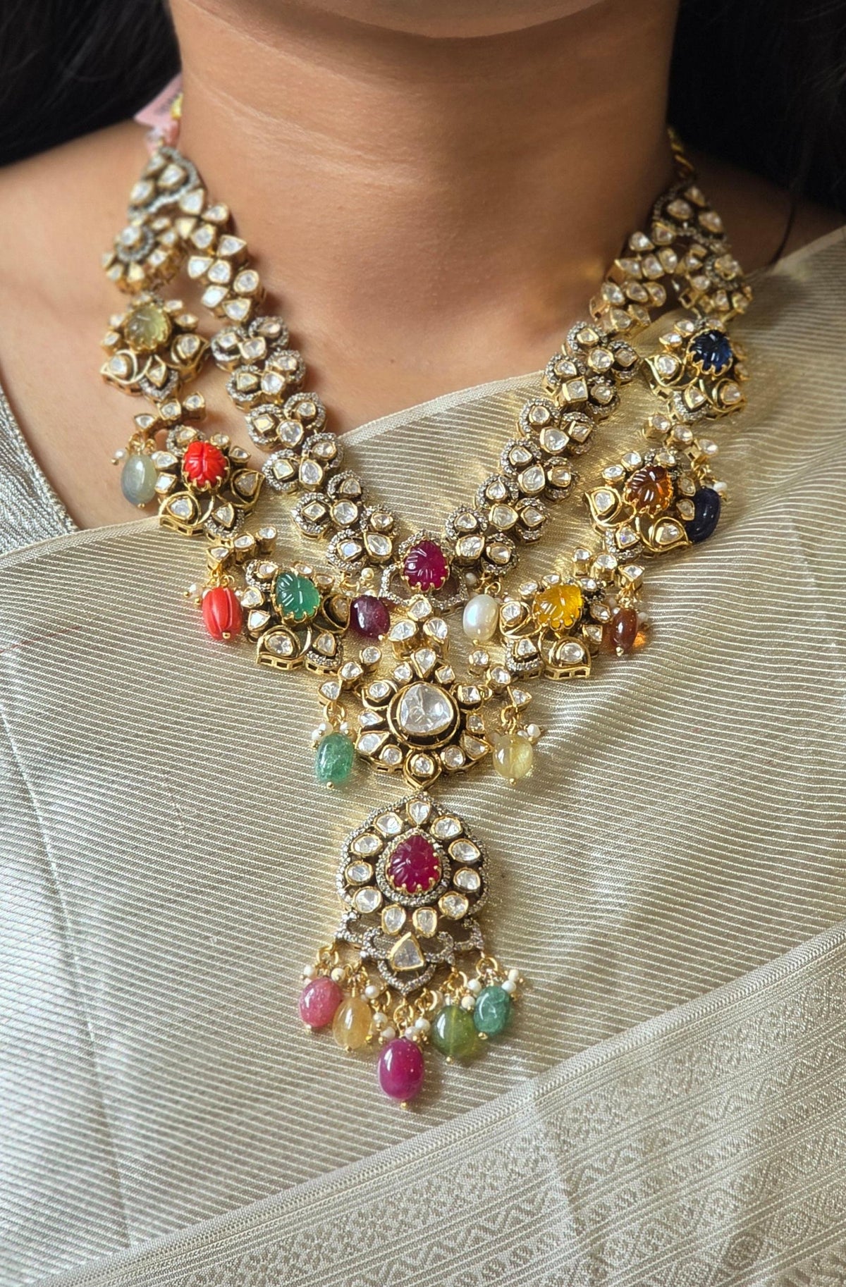 Navratna Moissanite Necklace & Earrings Set