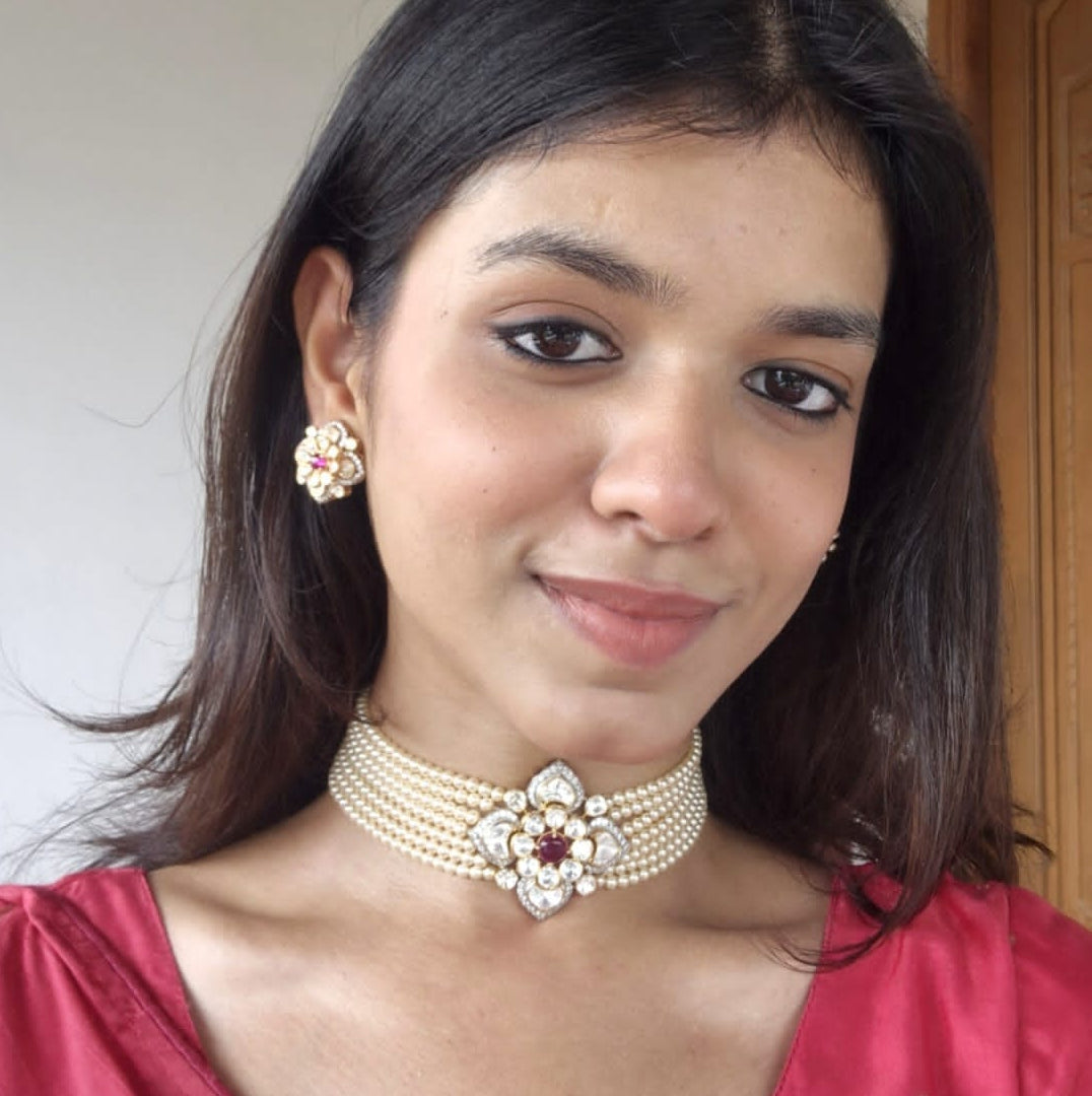 Floral Pink Pearl Choker & Earrings Set