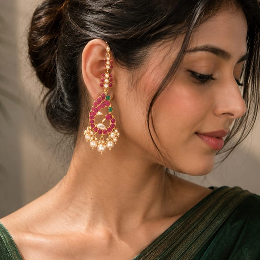 Khaga Kundan Earrings Attached Earchain