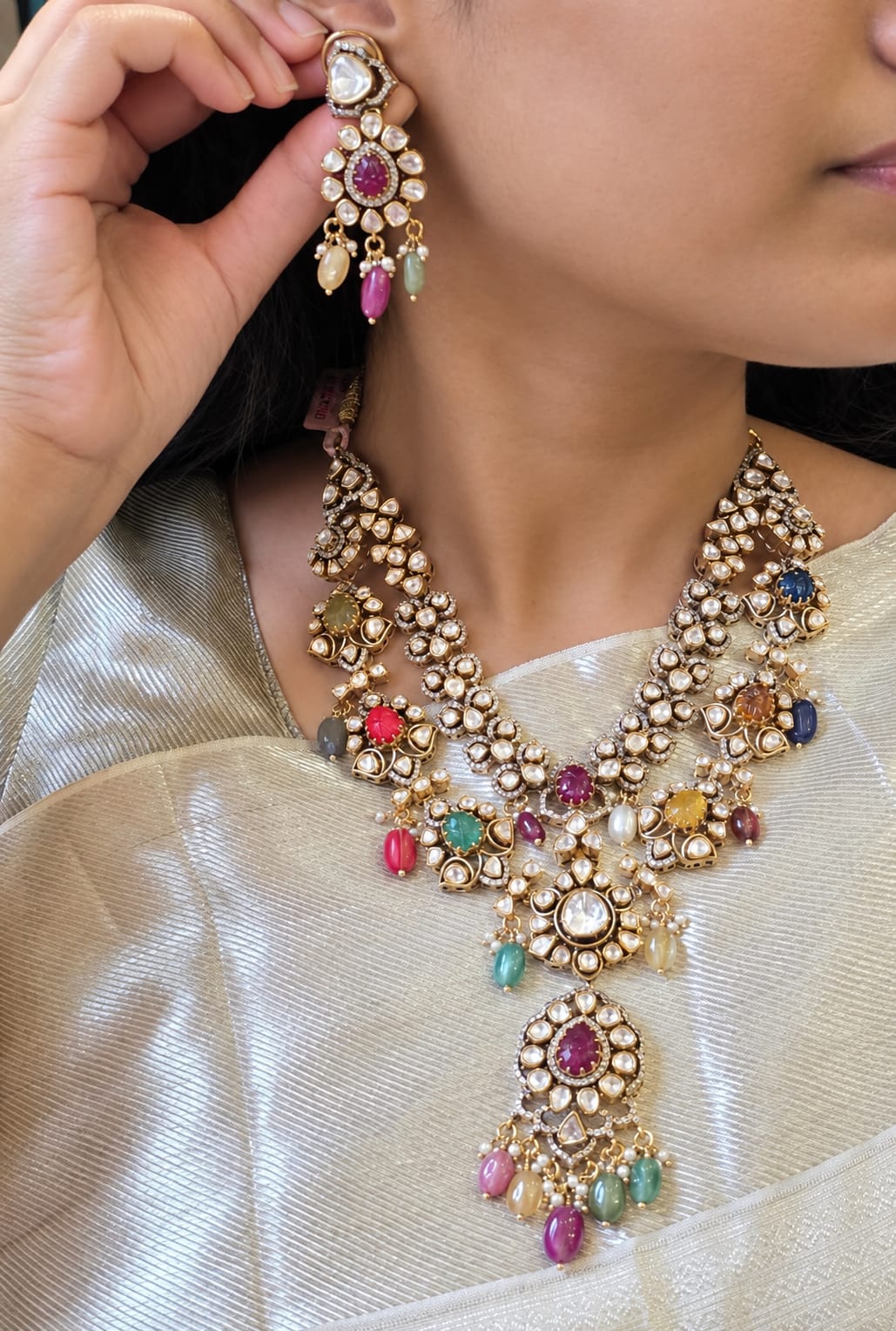 Navratna Moissanite Necklace & Earrings Set