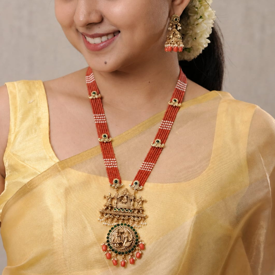 Dolvika Coral Temple Necklace & Earrings Set