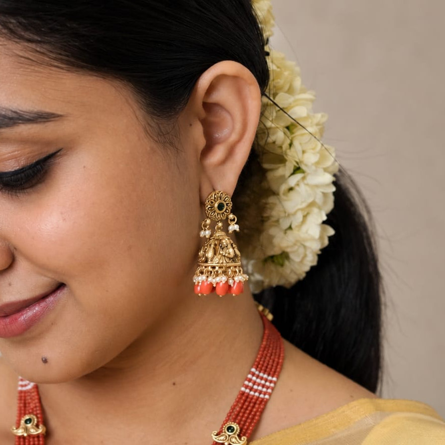 Dolvika Coral Temple Necklace & Earrings Set