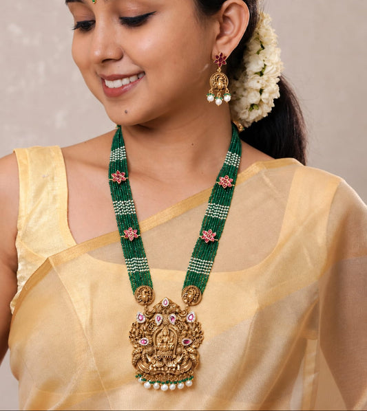 Floral Green Beads Goddess Necklace & Earrings Set