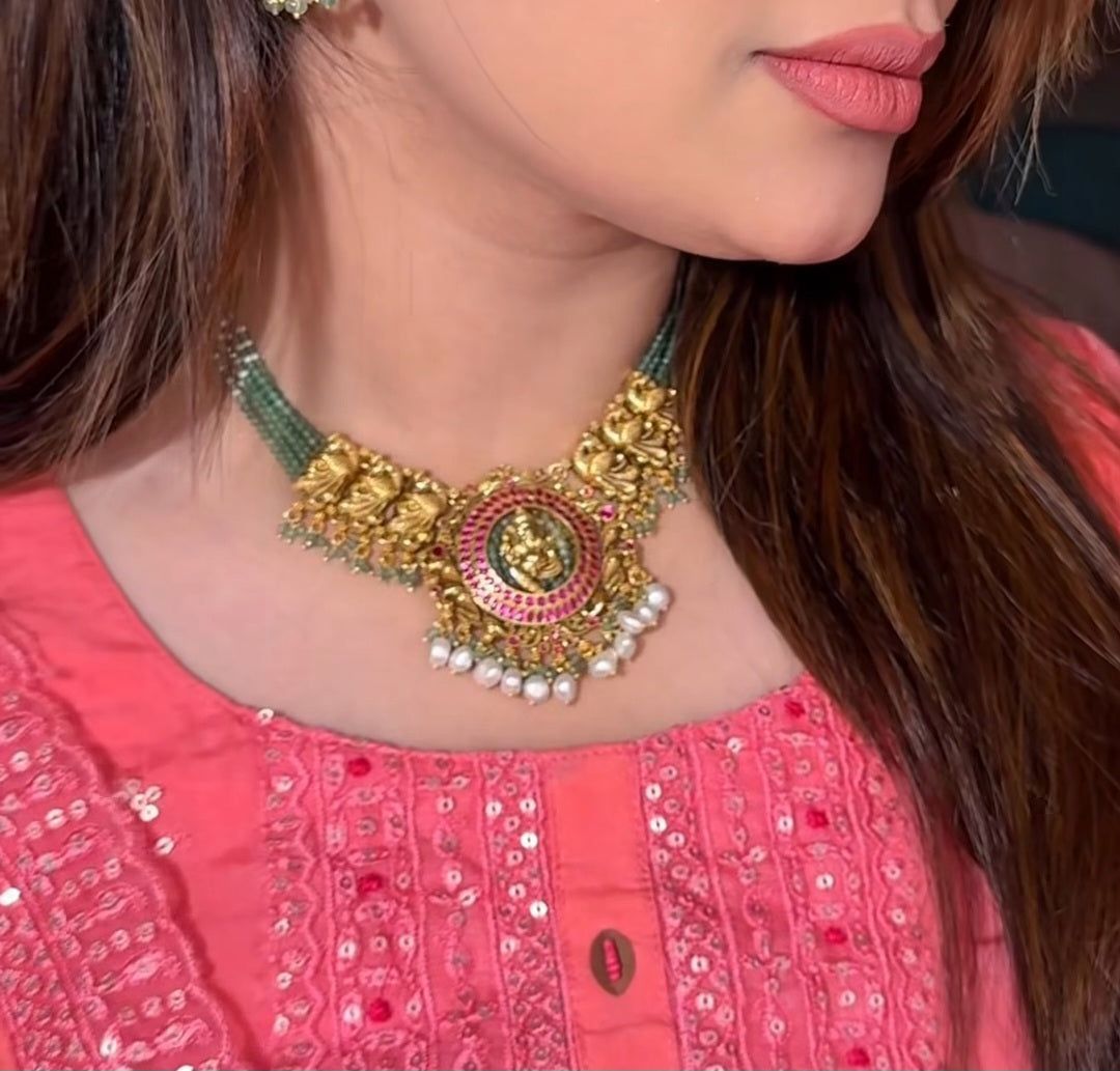 Lord Ganesha Green Beads Necklace set