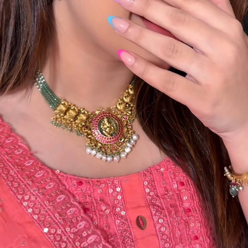 Lord Ganesha Green Beads Necklace set