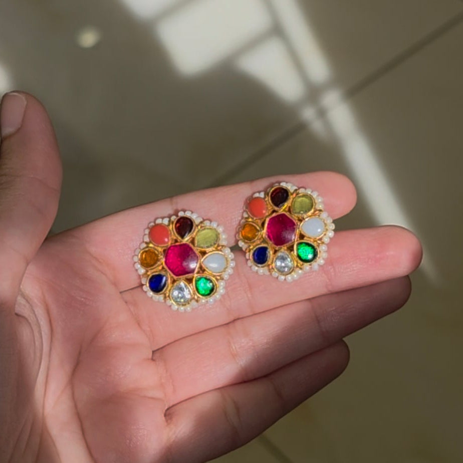 Navratna Flower Pearl Earrings