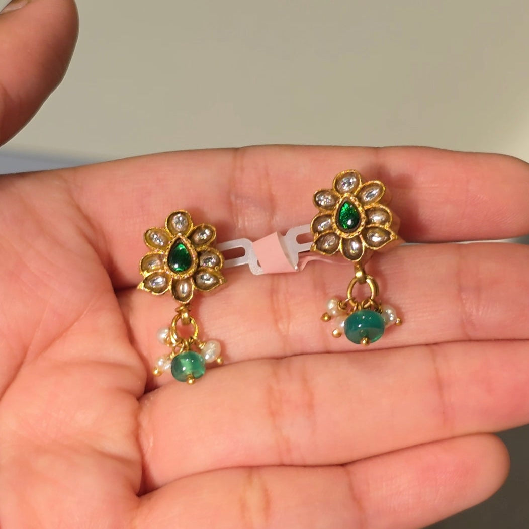 White & Green Kundan Earrings