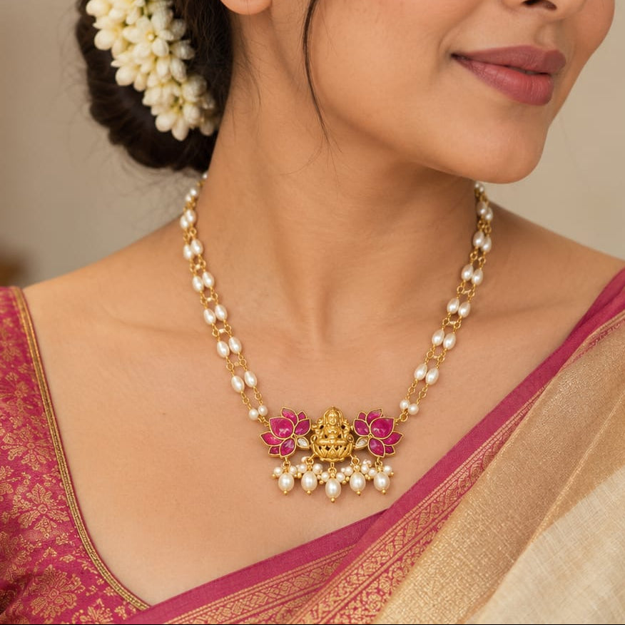 Goddess Lakshmi Pink Pearl Necklace