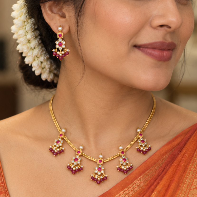 Red & White Kundan Necklace & Earrings Set
